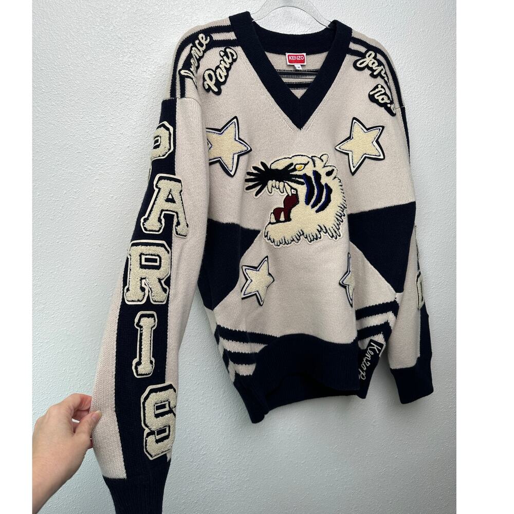 KENZO Paris Tiger Graphic V-Neck Sweater Off White Navy Size M